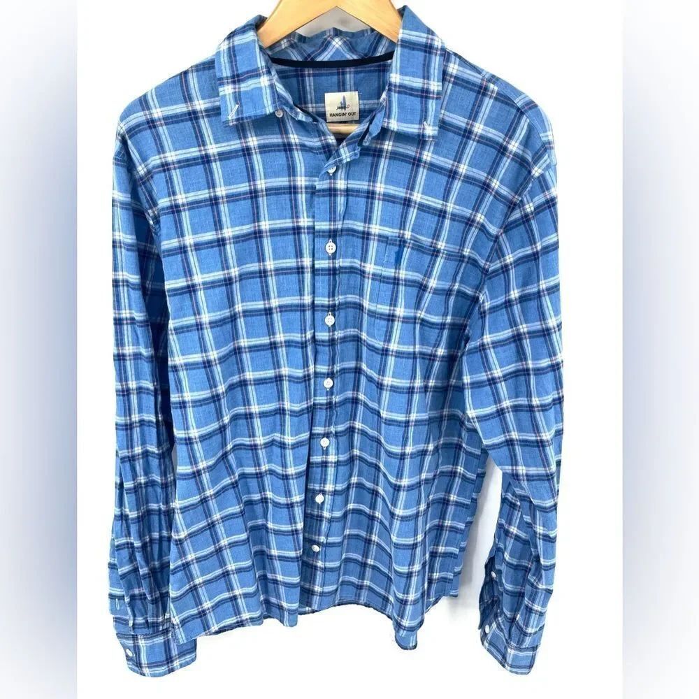 Johnnie-O men’s hanging out blue plaid button down long sleeve shirt size L